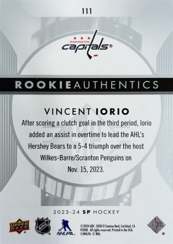 Vincent Iorio #111 Washington Capitals 1007/1299 | 2023-24 SP (back)