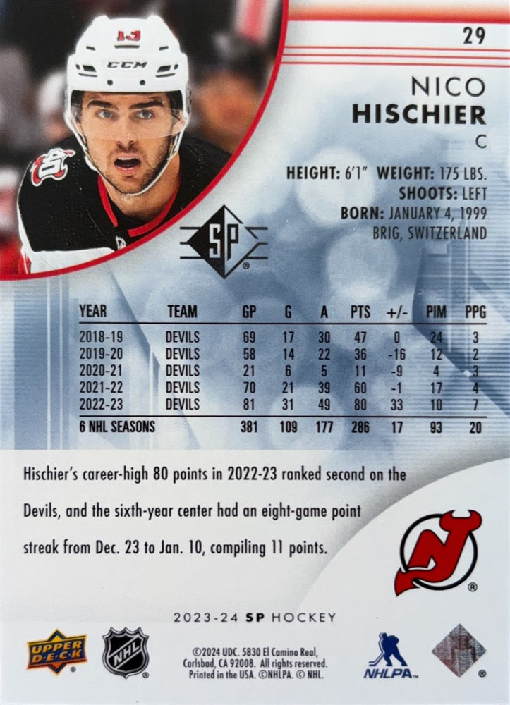 Nico Hischier #29 New Jersey Devils | 2023-24 SP Blue (back)