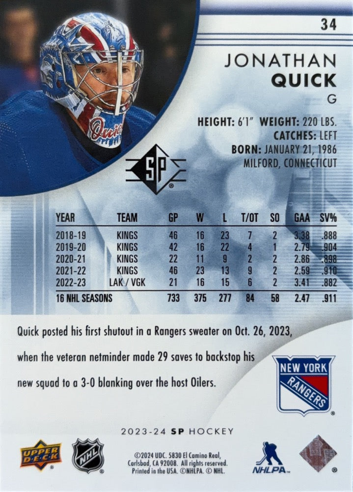 Jonathan Quick #34 New York Rangers | 2023-24 SP Blue (back)