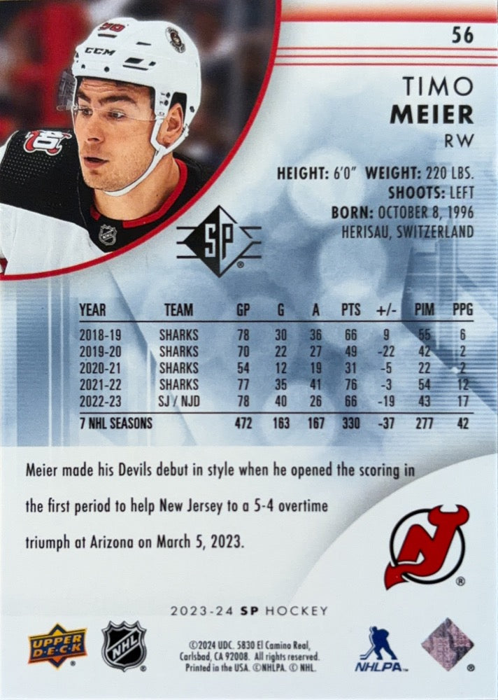 Timo Meier #56 New Jersey Devils | 2023-24 SP Blue (back)