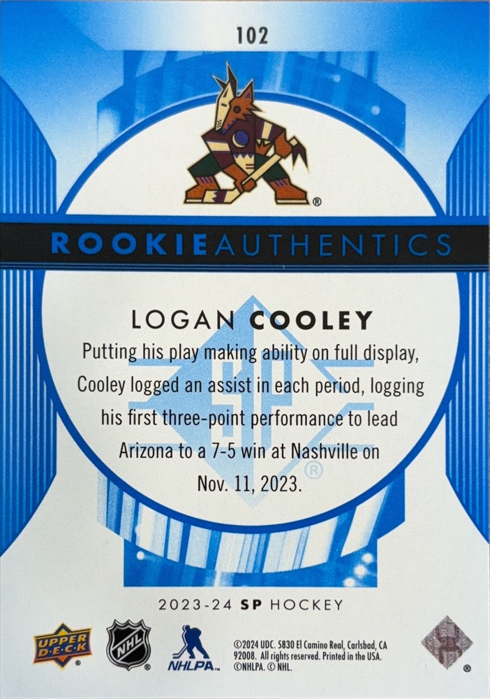 Logan Cooley #102 Arizona Coyotes Rookie Authentics | 2023-24 SP Blue (back)