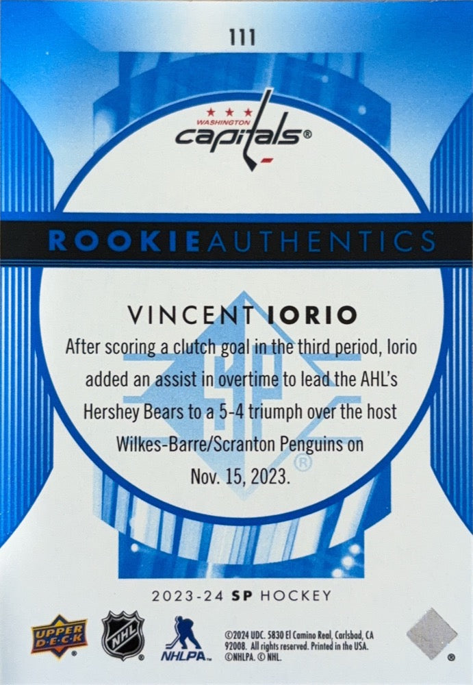 Vincent Iorio #111 Washington Capitals Rookie Authentics | 2023-24 SP Blue (back)