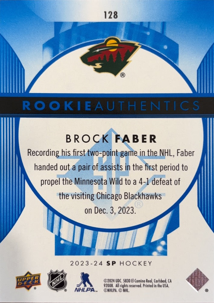 Brock Faber #128 Minnesota Wild Rookie Authentics | 2023-24 SP Blue (back)