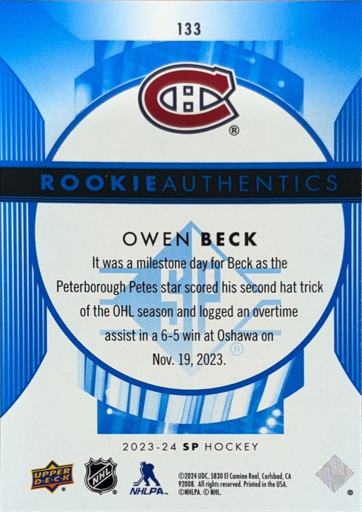 Owen Beck #133 Montreal Canadiens Rookie Authentics | 2023-24 SP Blue (back)
