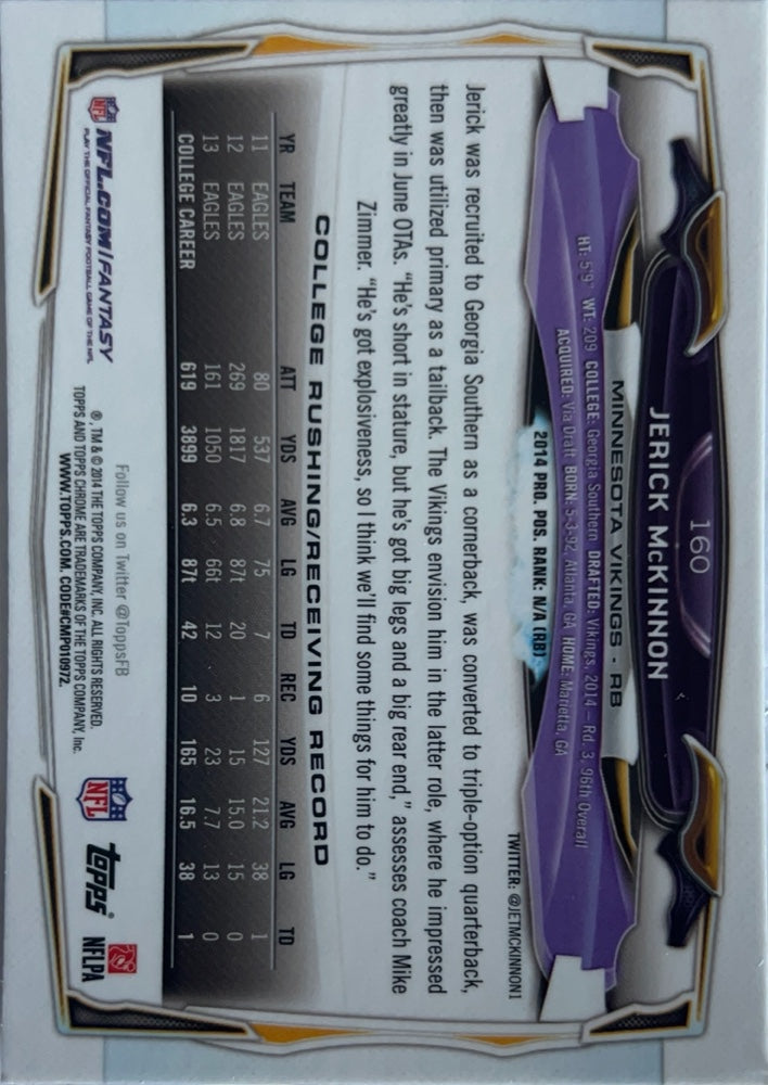 Jerick McKinnon #160 Minnesota Vikings Rookie | 2014 Topps Chrome | NFL Football (back)