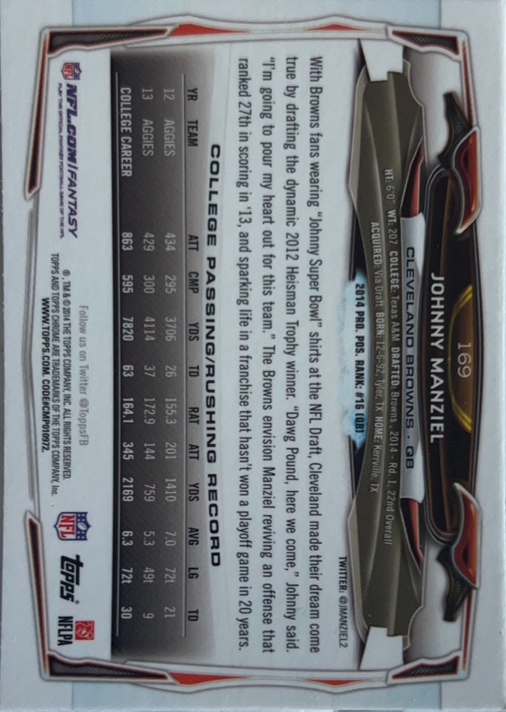 Johnny Manziel #169 Cleveland Browns Rookie | 2014 Topps Chrome | NFL Football (back)