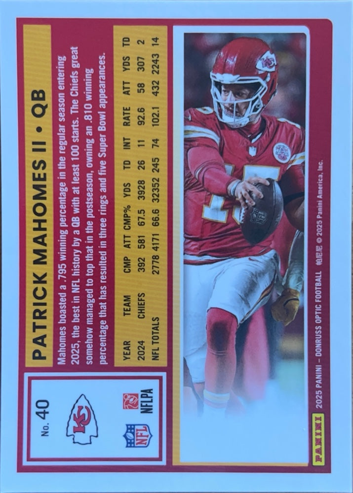 Patrick Mahomes II #40 Kansas City Chiefs | 2025 Donruss Optic | NFL Football (back)