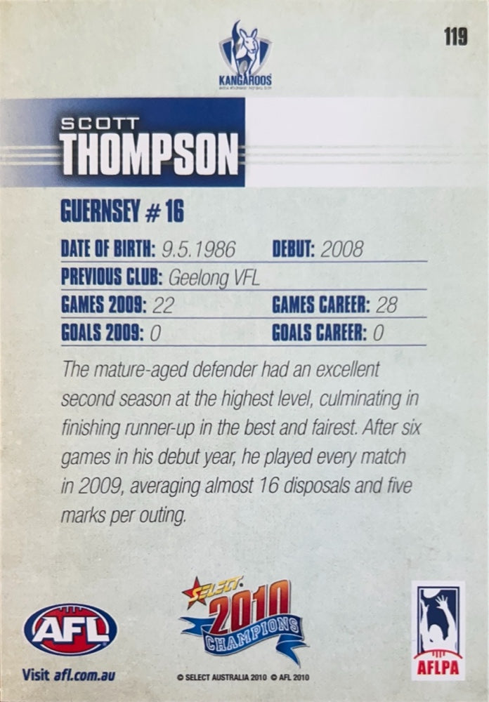 Scott Thompson #119 North Melbourne Kangaroos | 2010 Select AFL Champions (back)