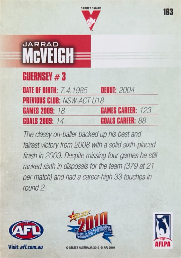 Jarrad McVeigh #163 Sydney Swans | 2010 Select AFL Champions (back)