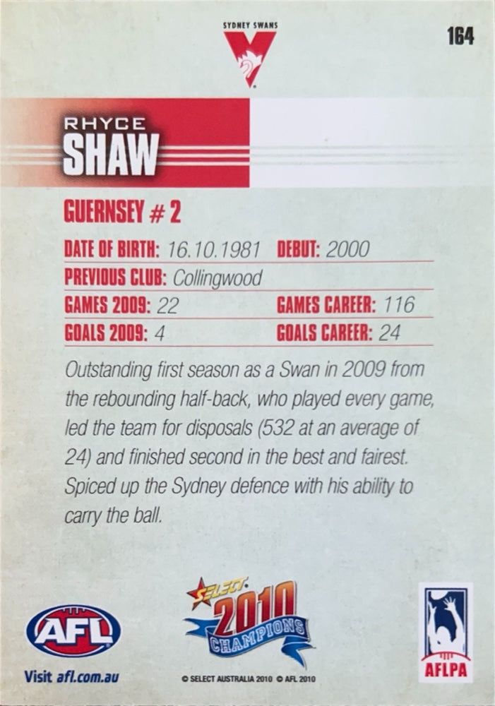 Rhyce Shaw #164 Sydney Swans | 2010 Select AFL Champions (back)