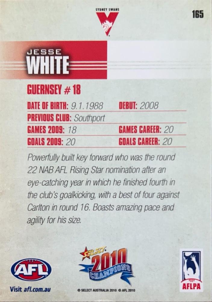 Jesse White #165 Sydney Swans | 2010 Select AFL Champions (back)