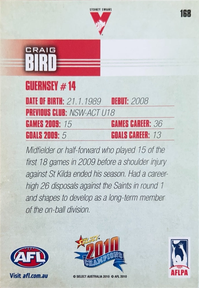 Craig Bird #168 Sydney Swans | 2010 Select AFL Champions (back)