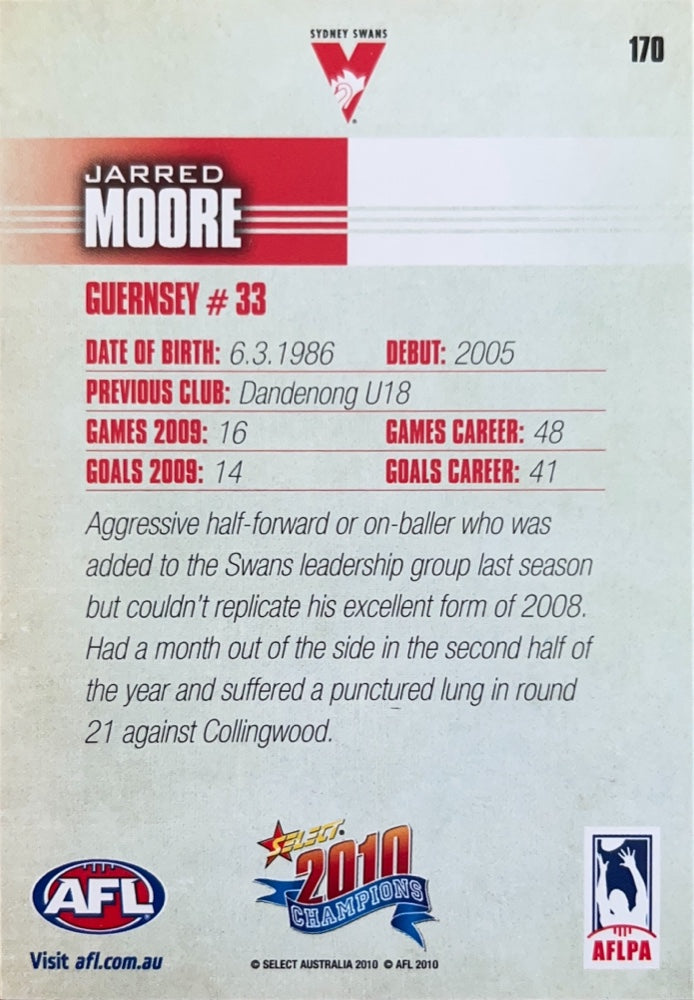 Jarred Moore #170 Sydney Swans | 2010 Select AFL Champions (back)