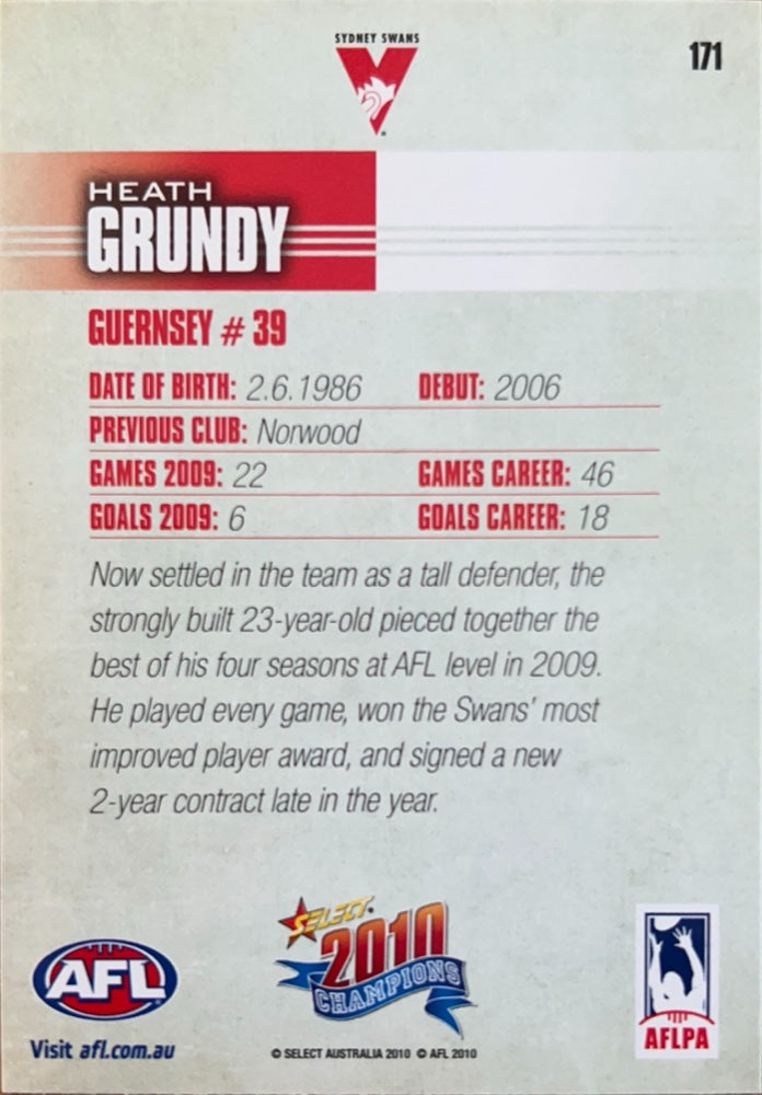 Heath Grundy #171 Sydney Swans | 2010 Select AFL Champions (back)