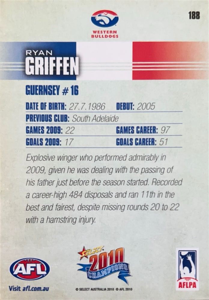 Ryan Griffen #188 Western Bulldogs | 2010 Select AFL Champions (back)