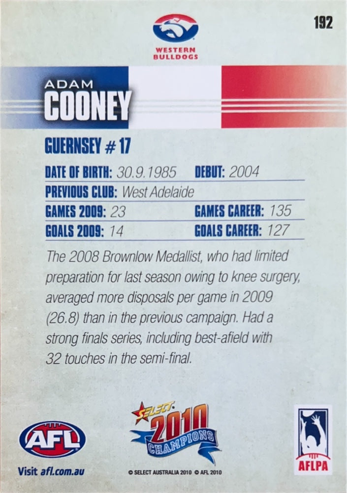Adam Cooney #192 Western Bulldogs | 2010 Select AFL Champions (back)