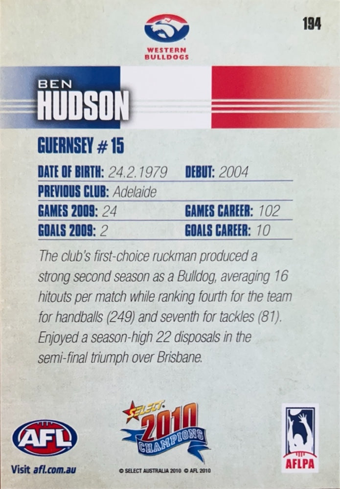 Ben Hudson #194 Western Bulldogs | 2010 Select AFL Champions (back)